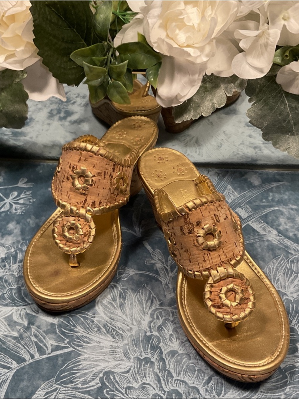 Jack Rogers Metallic Gold Cork Wedge Thong Sandals